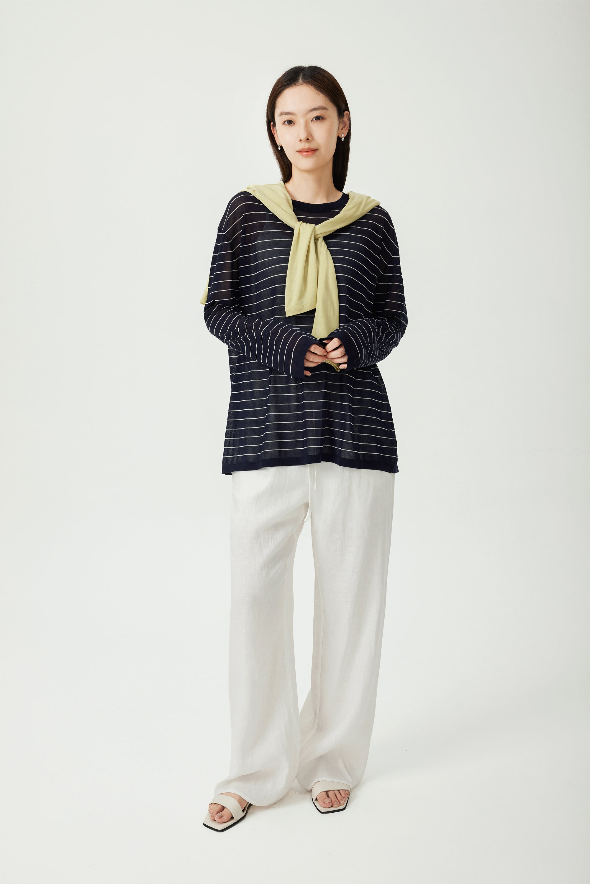 LUC acetate oversize longsleeves top (Navy stripe)