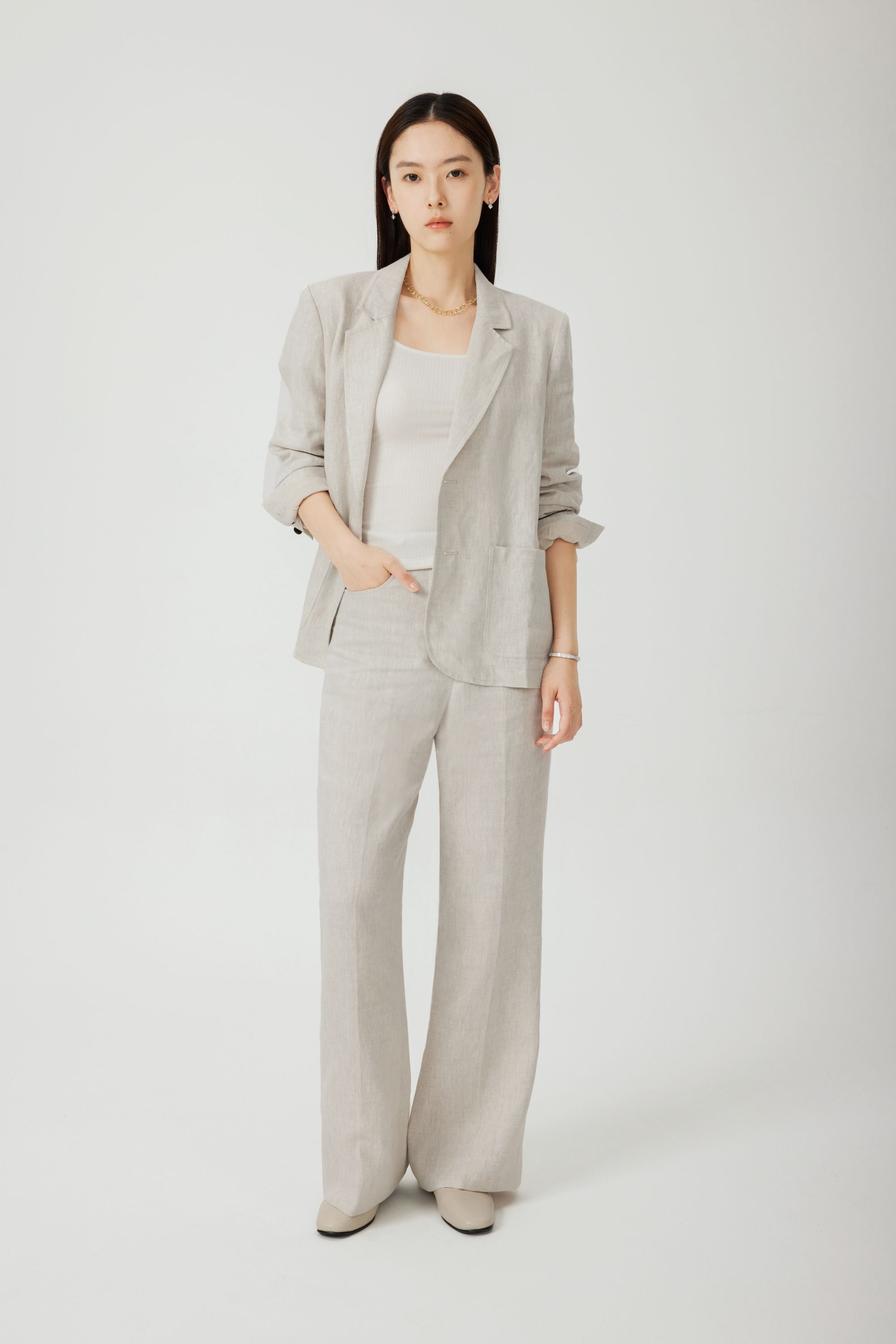 MAREK 亞麻寬腿褲(米色)