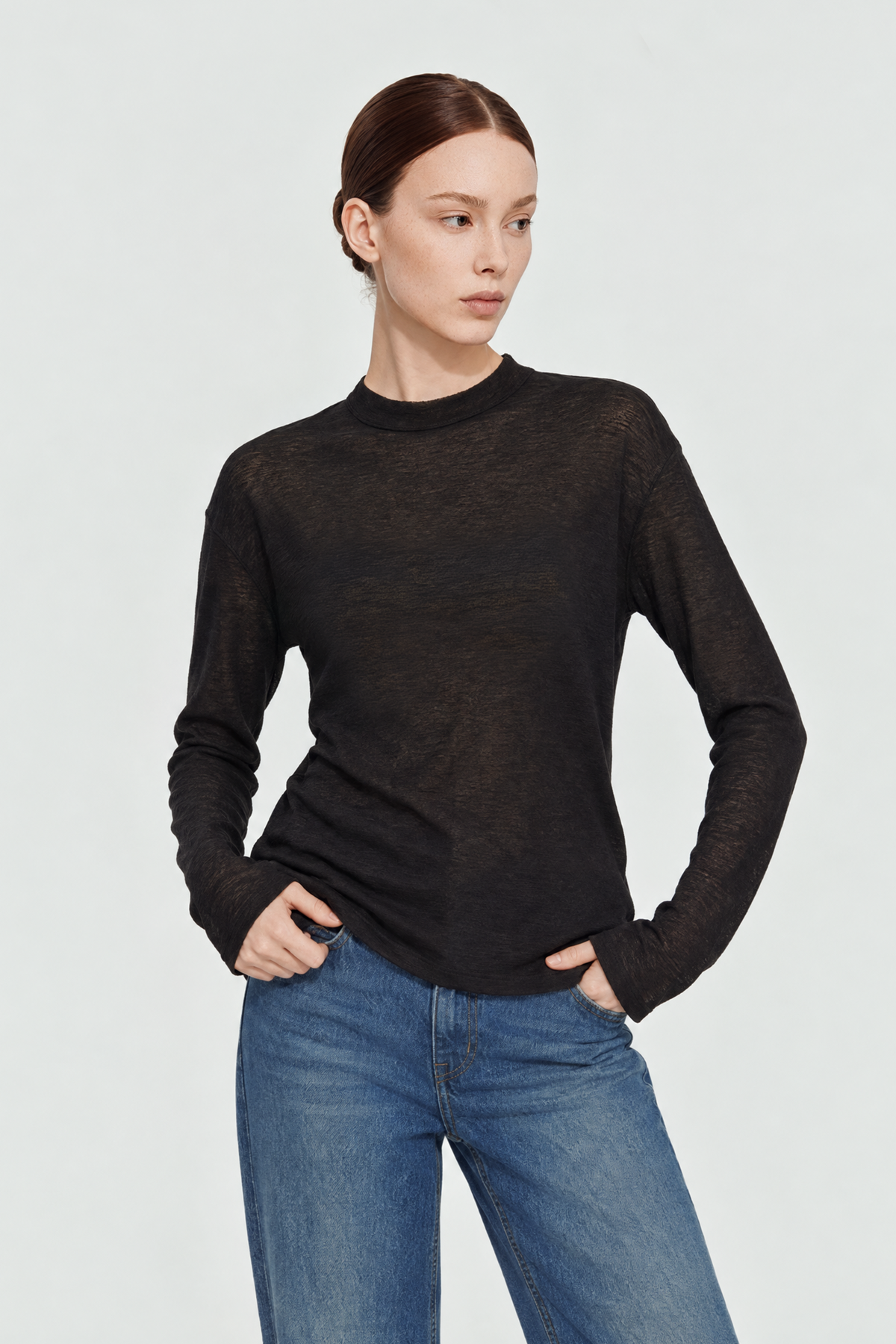 ALCOR pima cotton semi-turtle neck top (Black)