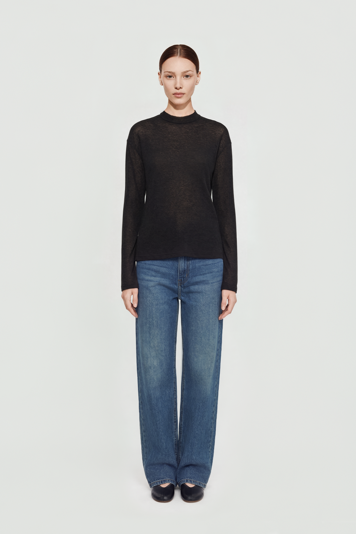ALCOR pima cotton semi-turtle neck top (Black)