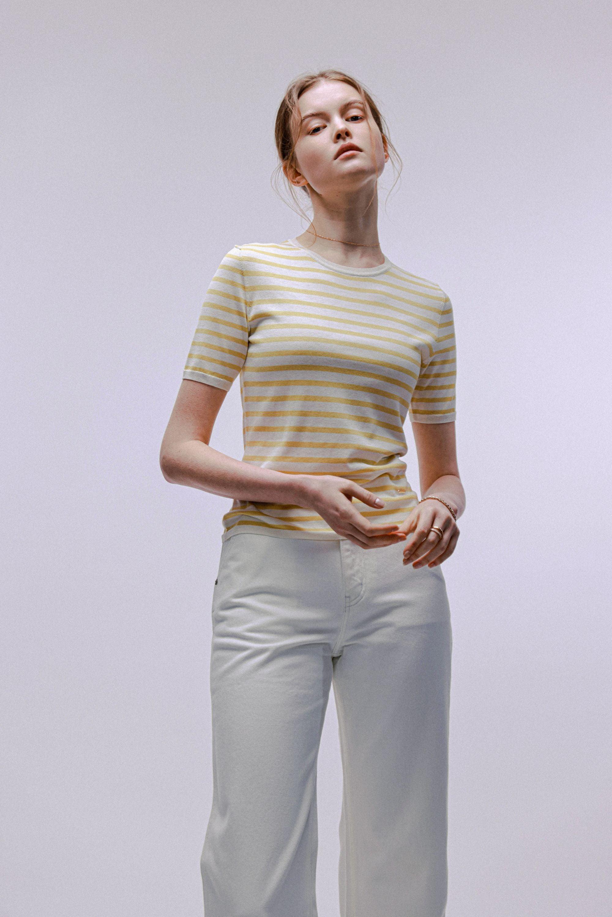 SILK-LILY shortsleeves top (Yellow stripe)