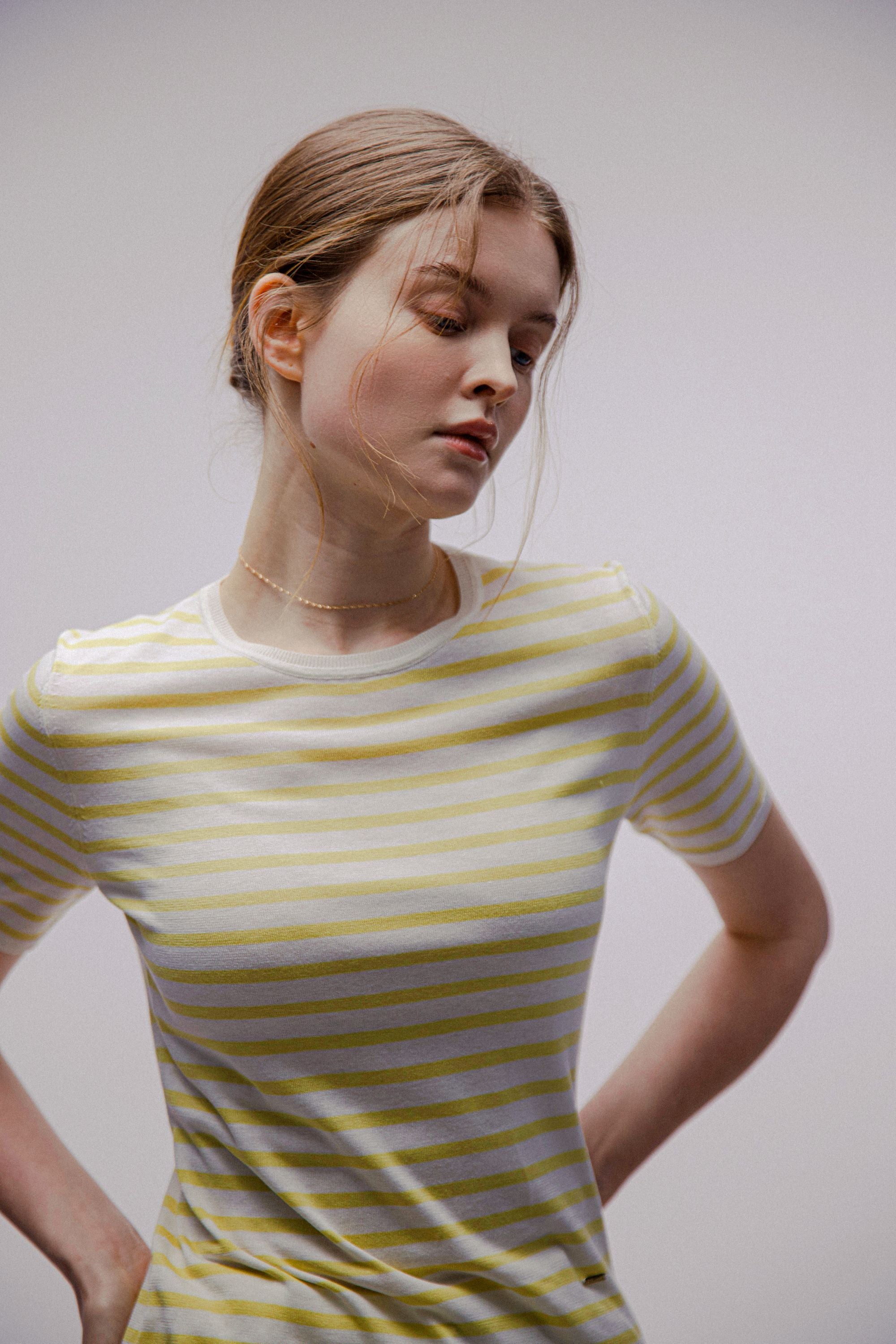 SILK-LILY shortsleeves top (Yellow stripe)