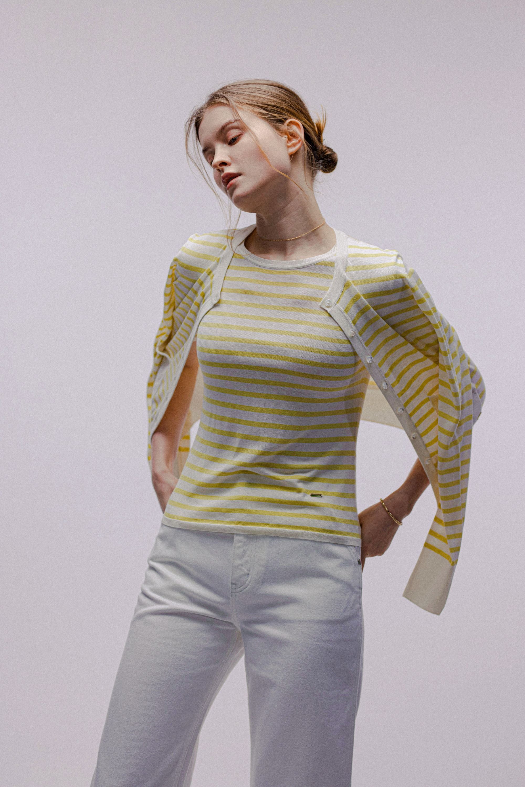 SILK-LILY shortsleeves top (Yellow stripe)