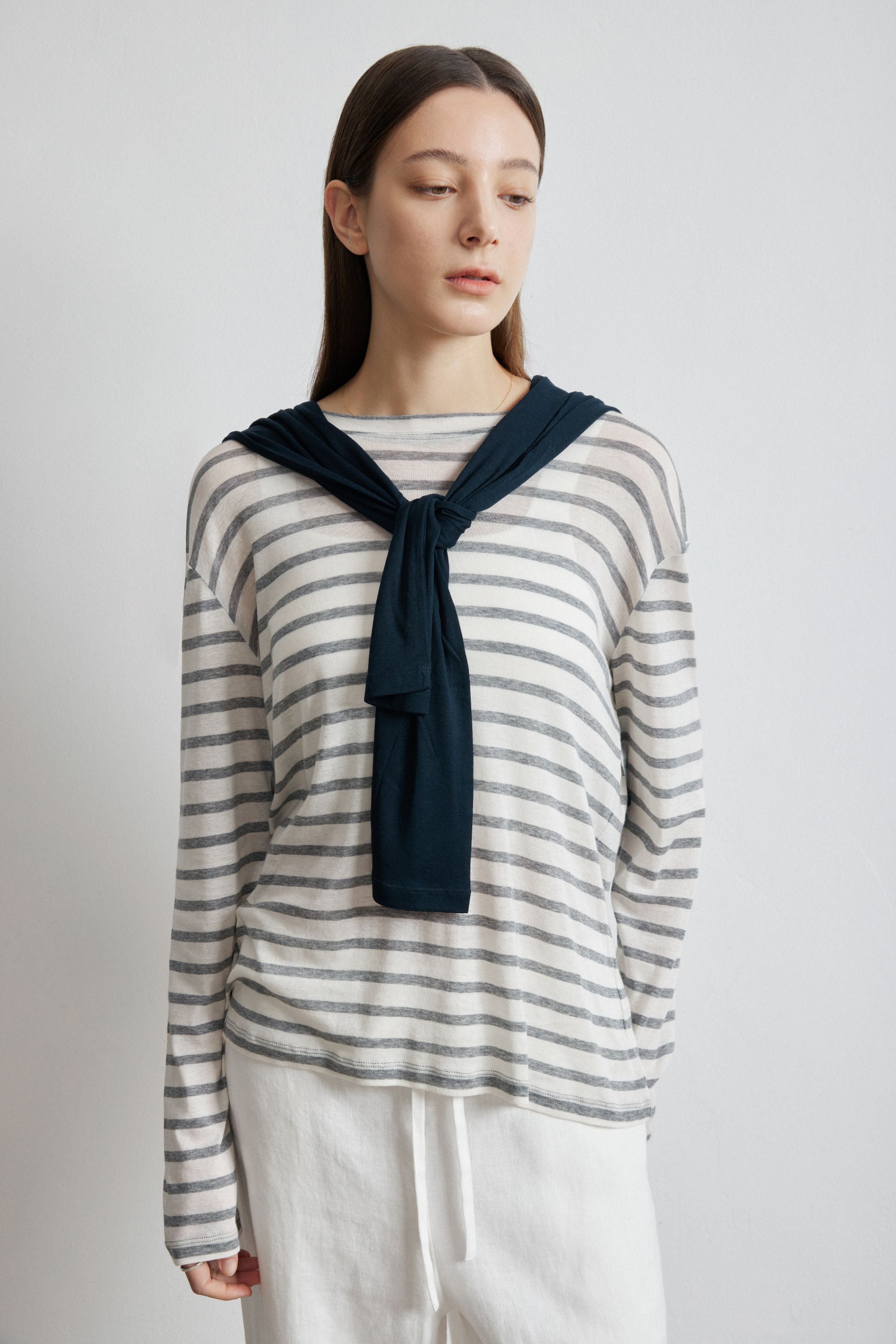 PIMA棉長袖(灰條紋)