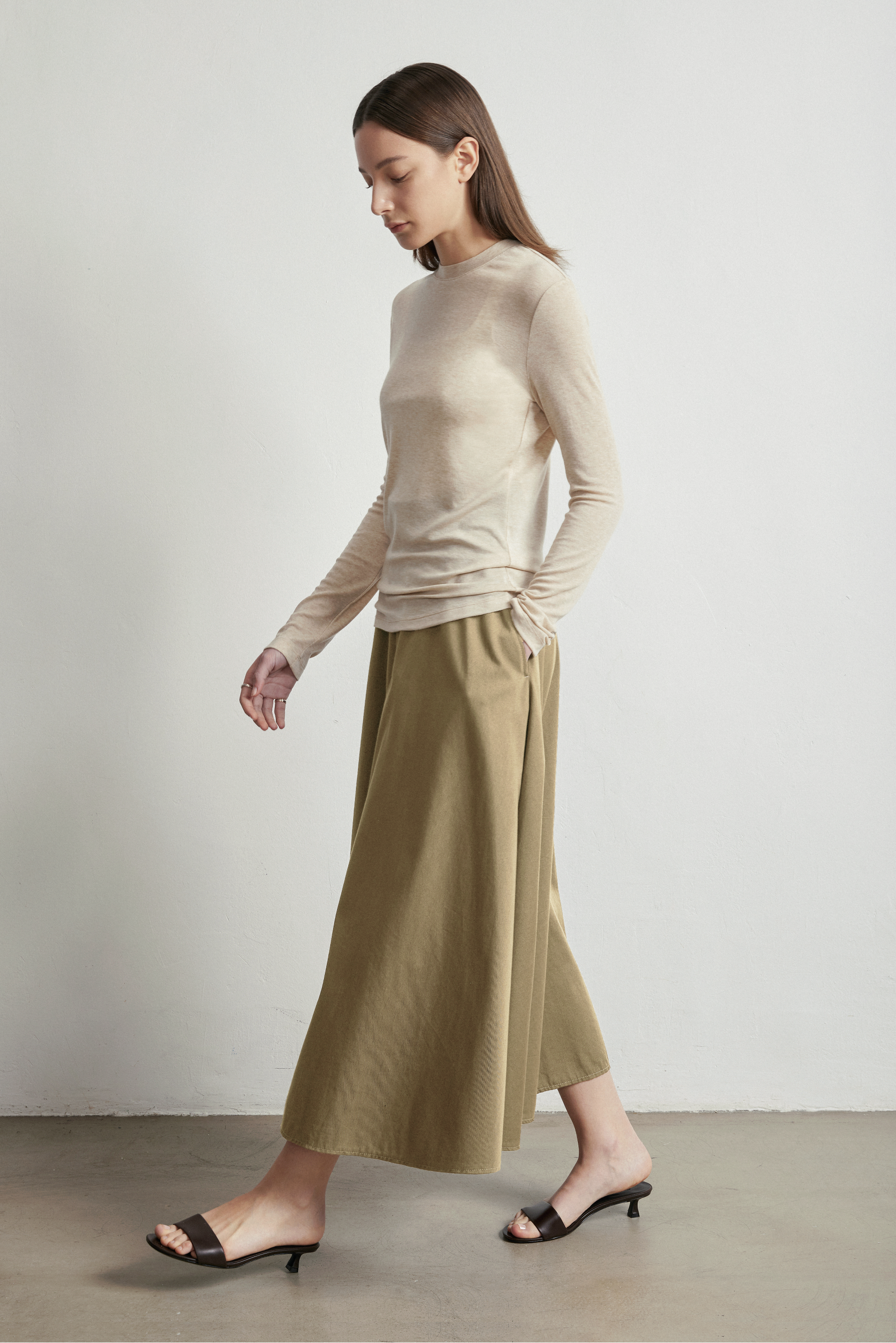 RORA cotton midi skirt (Khaki)