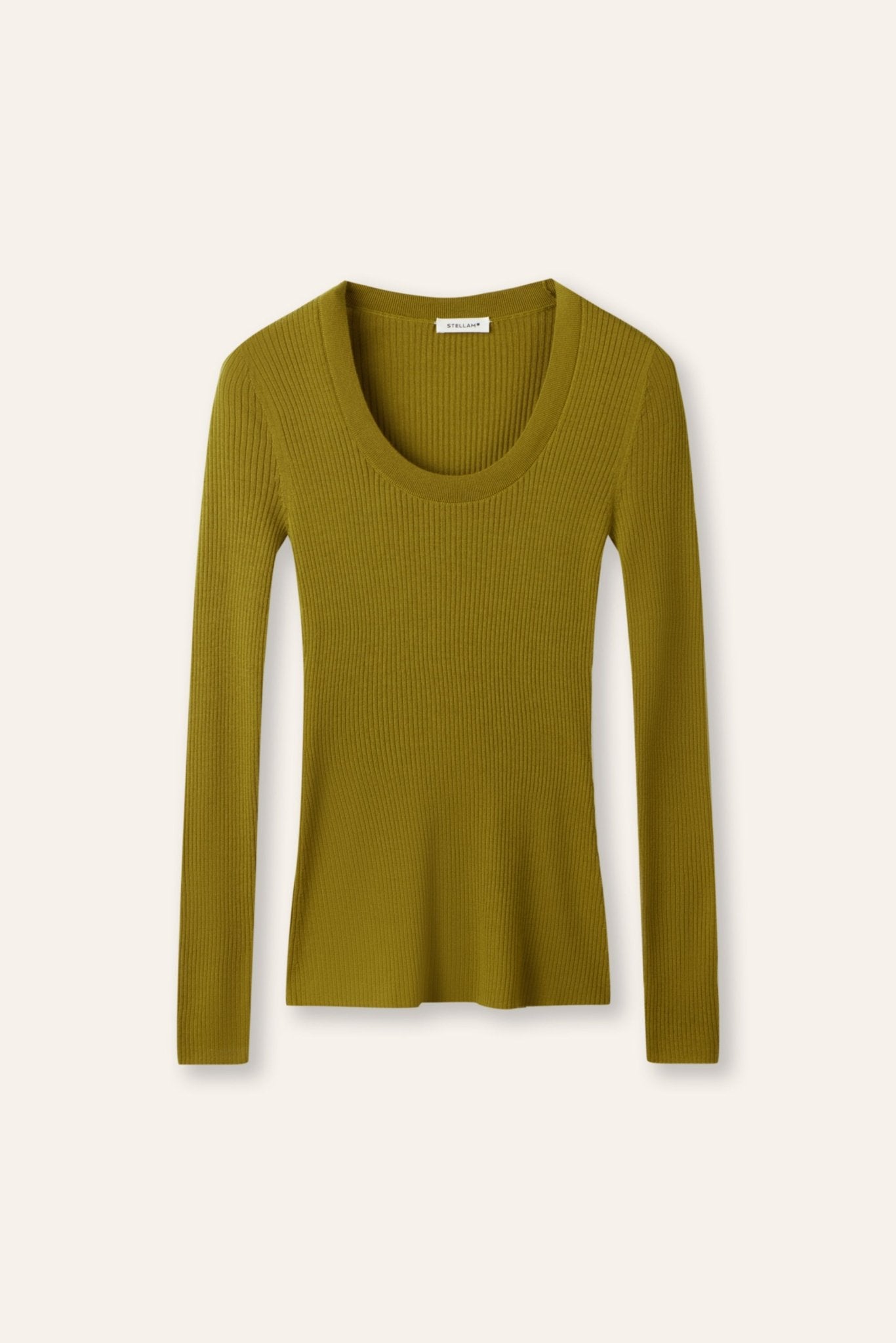 AMAIA U-neck fine-wool sweater (Olive) - STELLAM