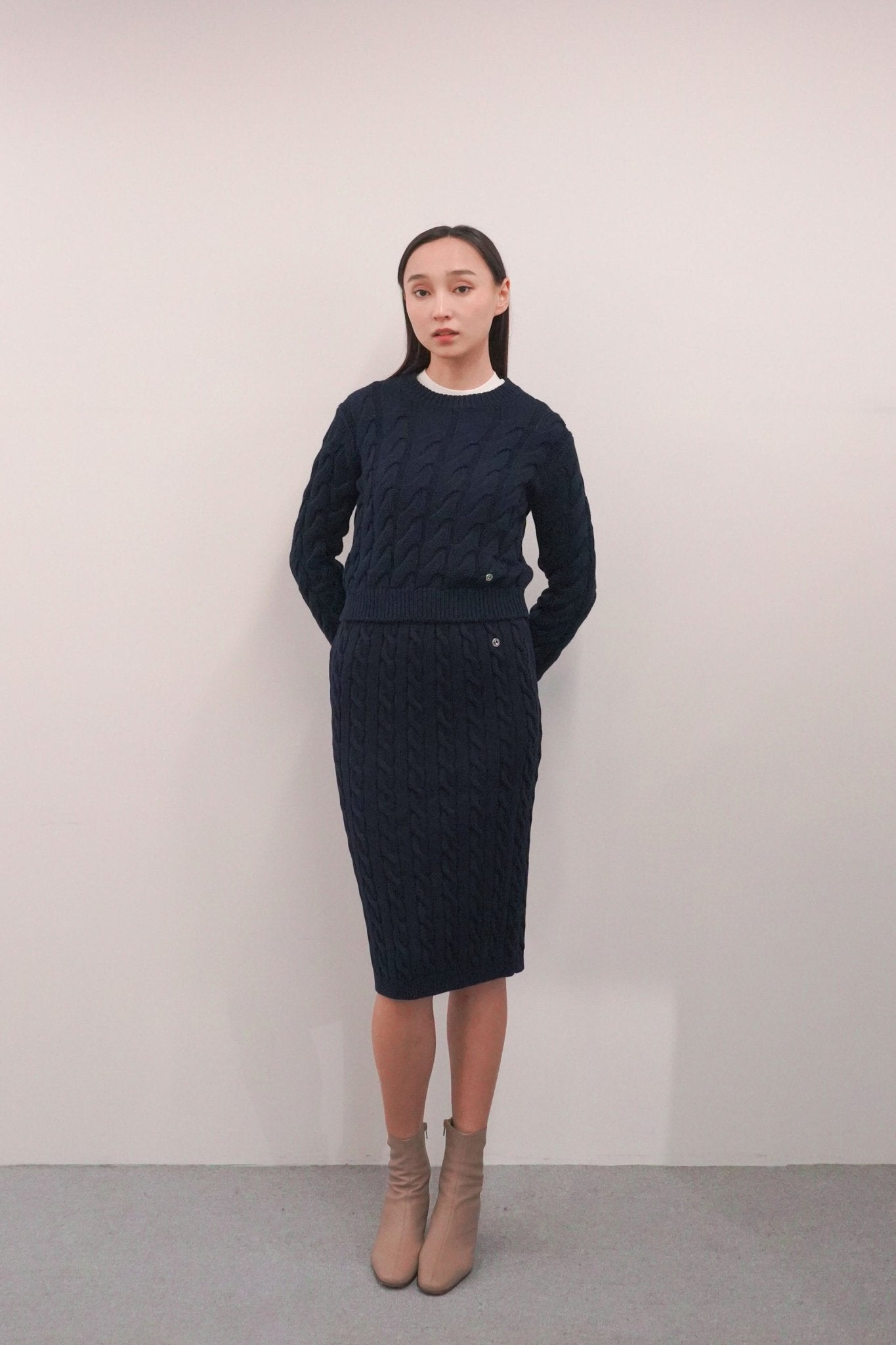 CM cotton cable-knit skirt (Navy) - STELLAM