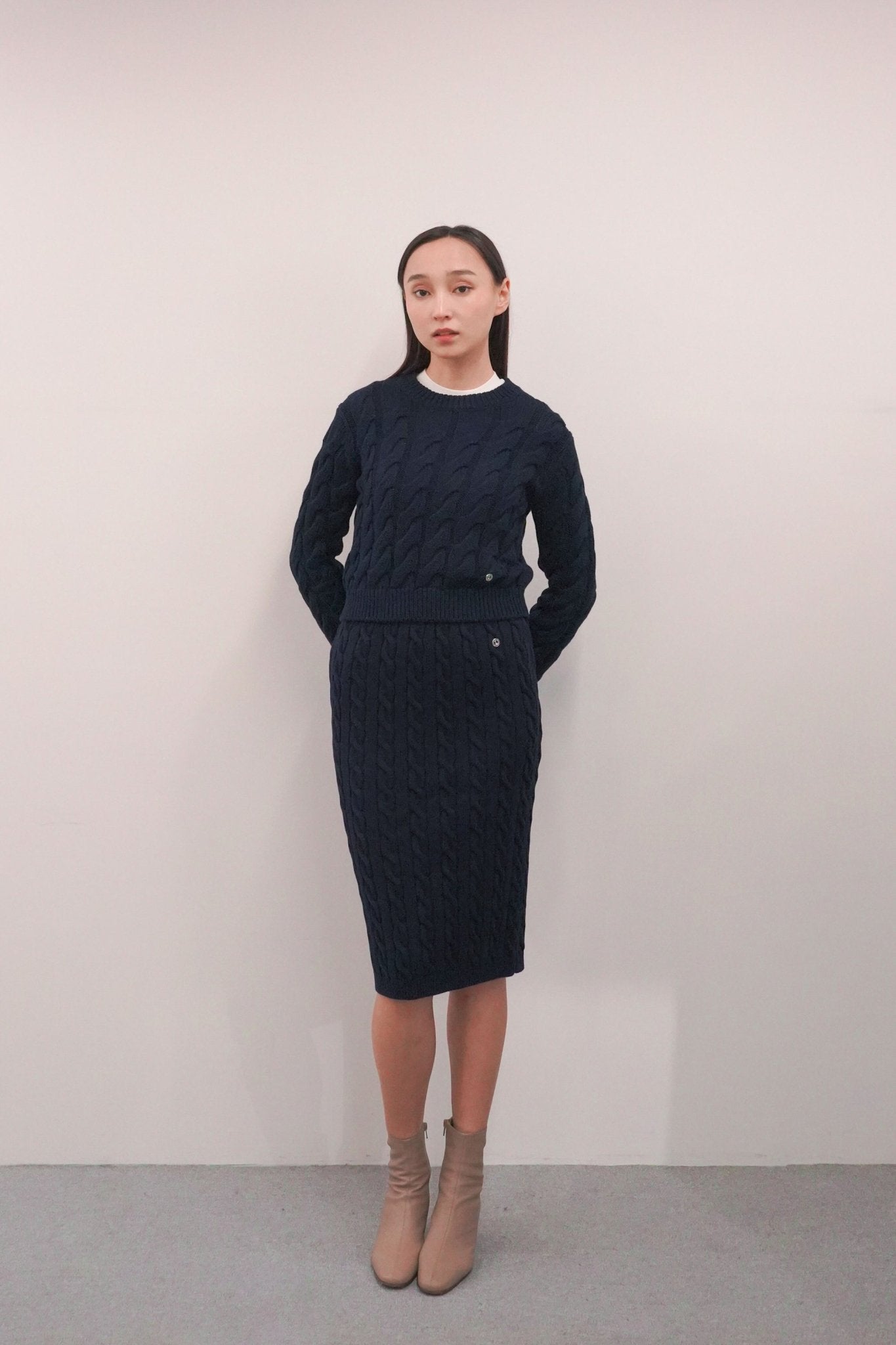 CM cotton cable-knit skirt (Navy) - STELLAM