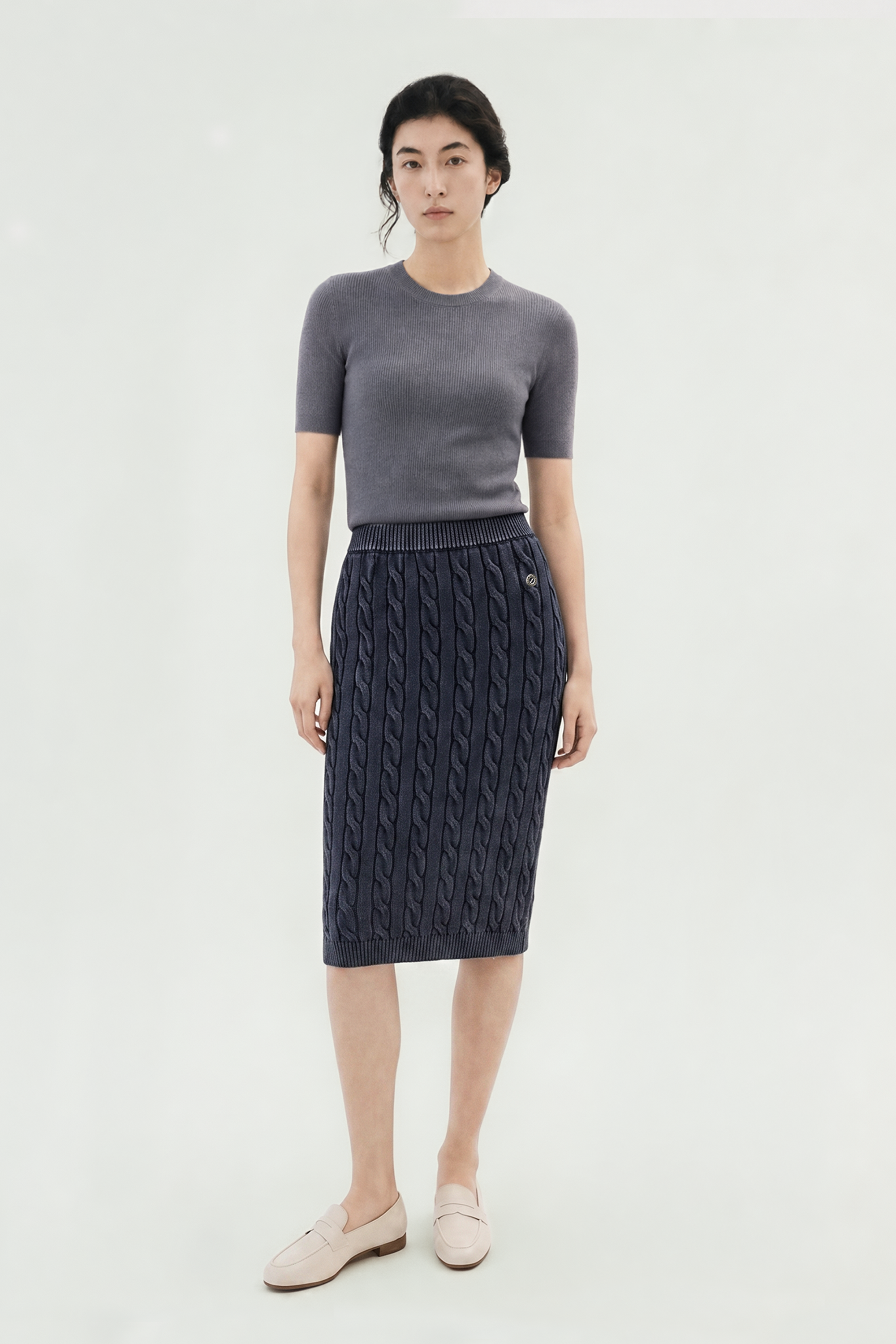 CM 2.0 cotton washed cable-knit skirt (Navy)