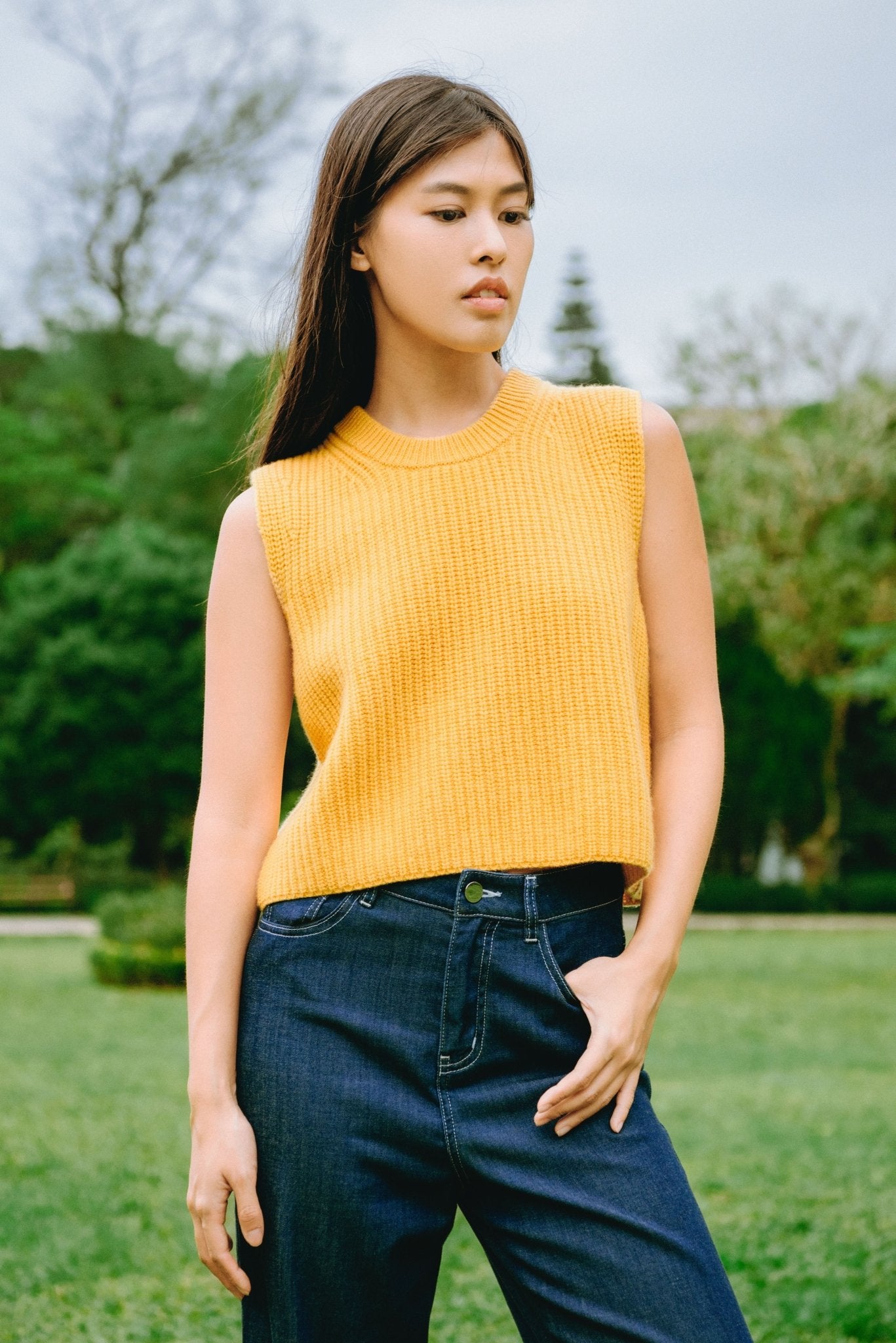COCO cashmere cropped tank top (Honey) - STELLAM
