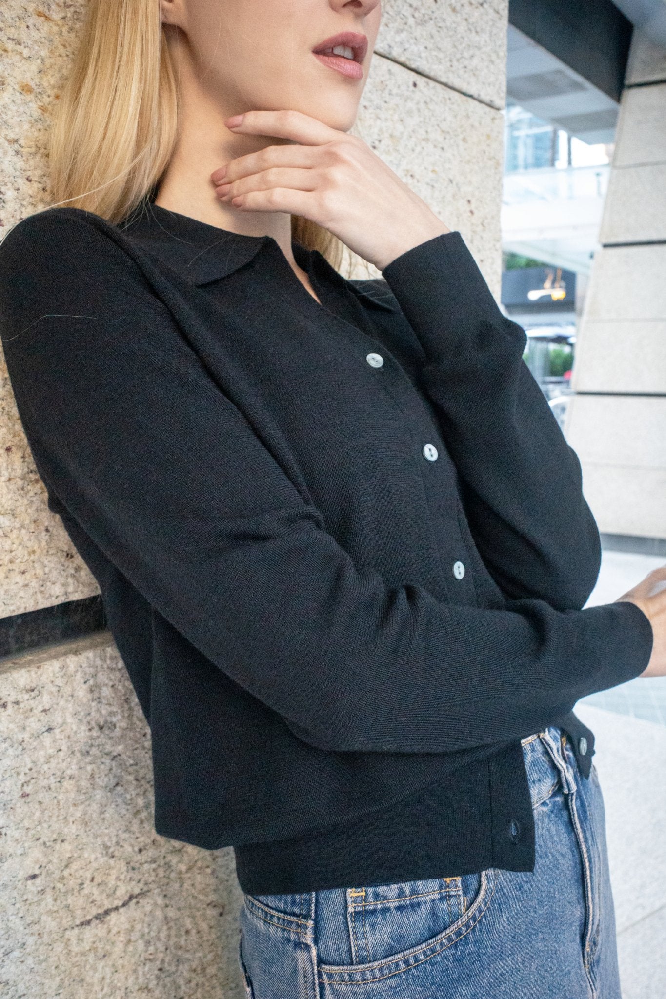 DELUXE silk-cashmere blended polo sweater (Black) - STELLAM