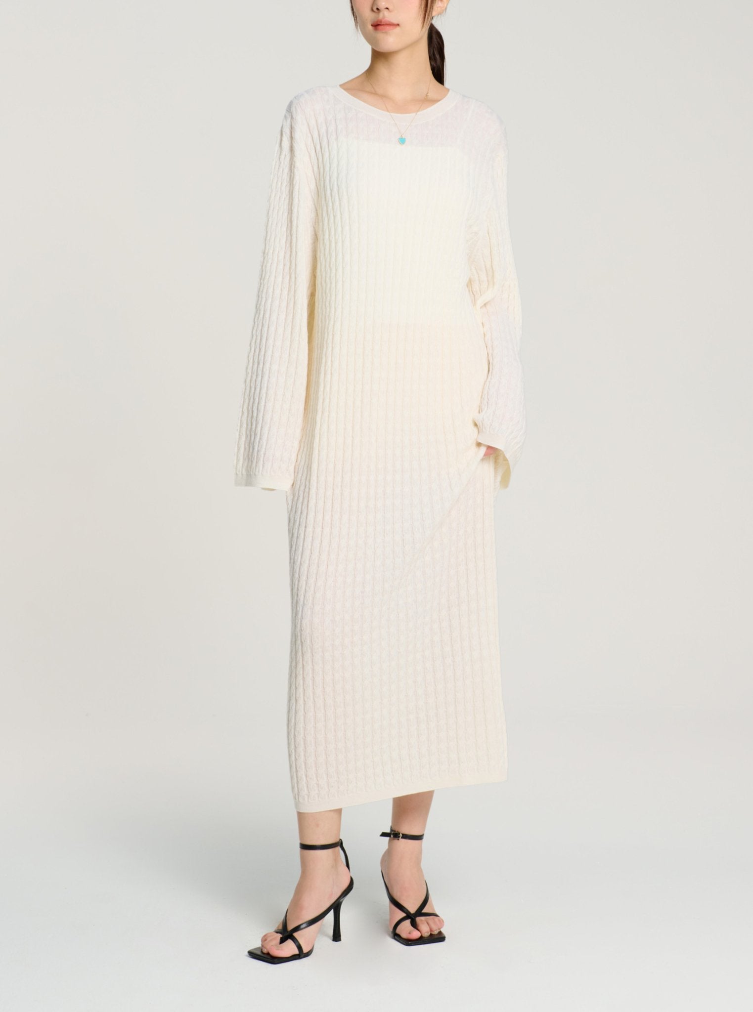 ELEGANCE wool cable knit dress (White) - STELLAM