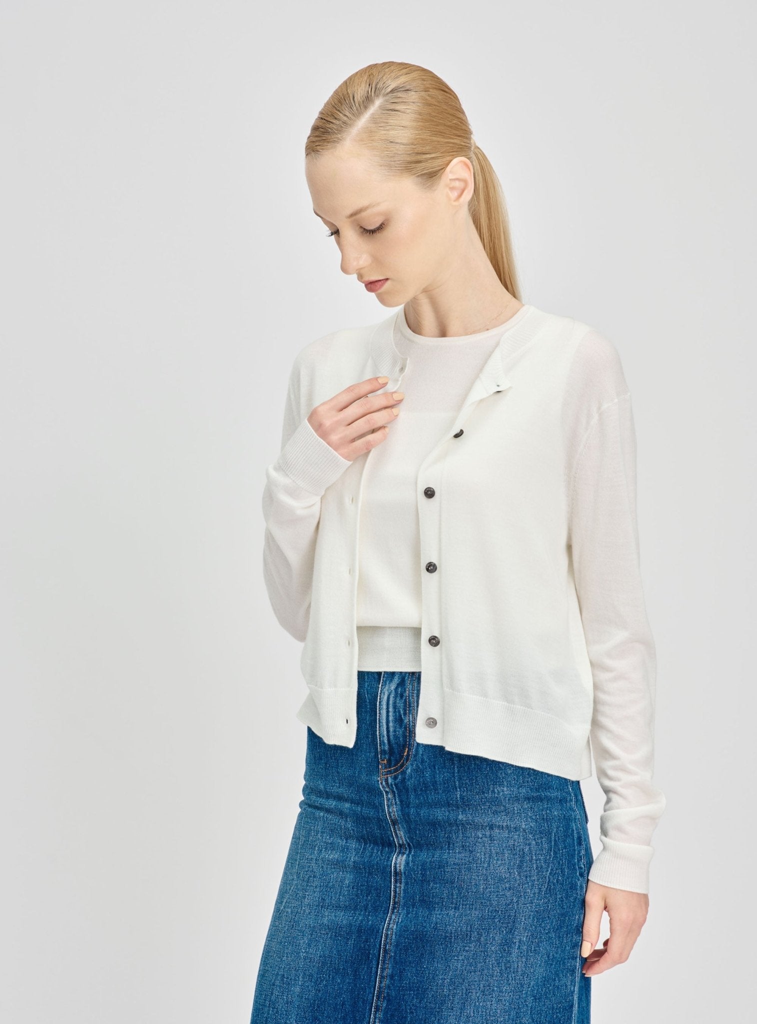 SARAH silk-blended cardigan (White) - STELLAM