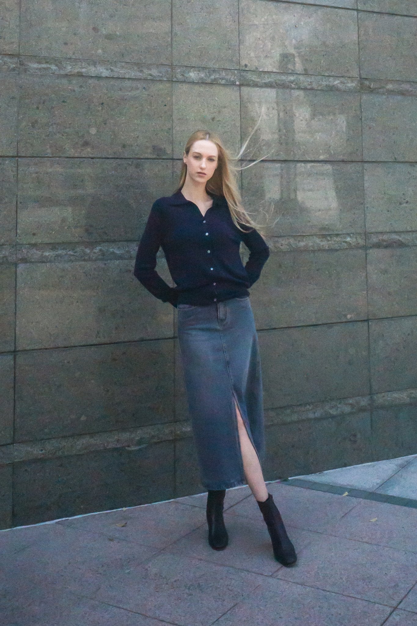 VITA denim mid skirt (Blue) - STELLAM