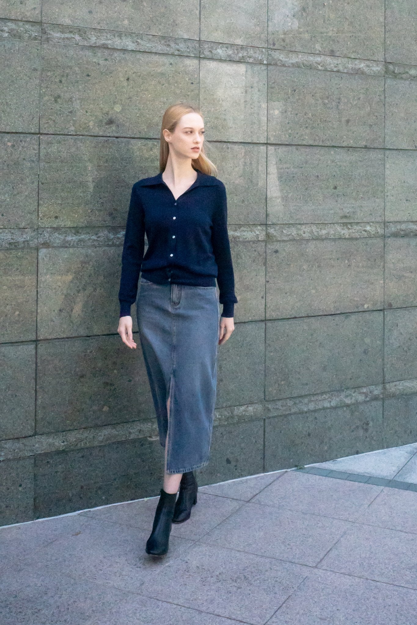 VITA denim mid skirt (Blue) - STELLAM