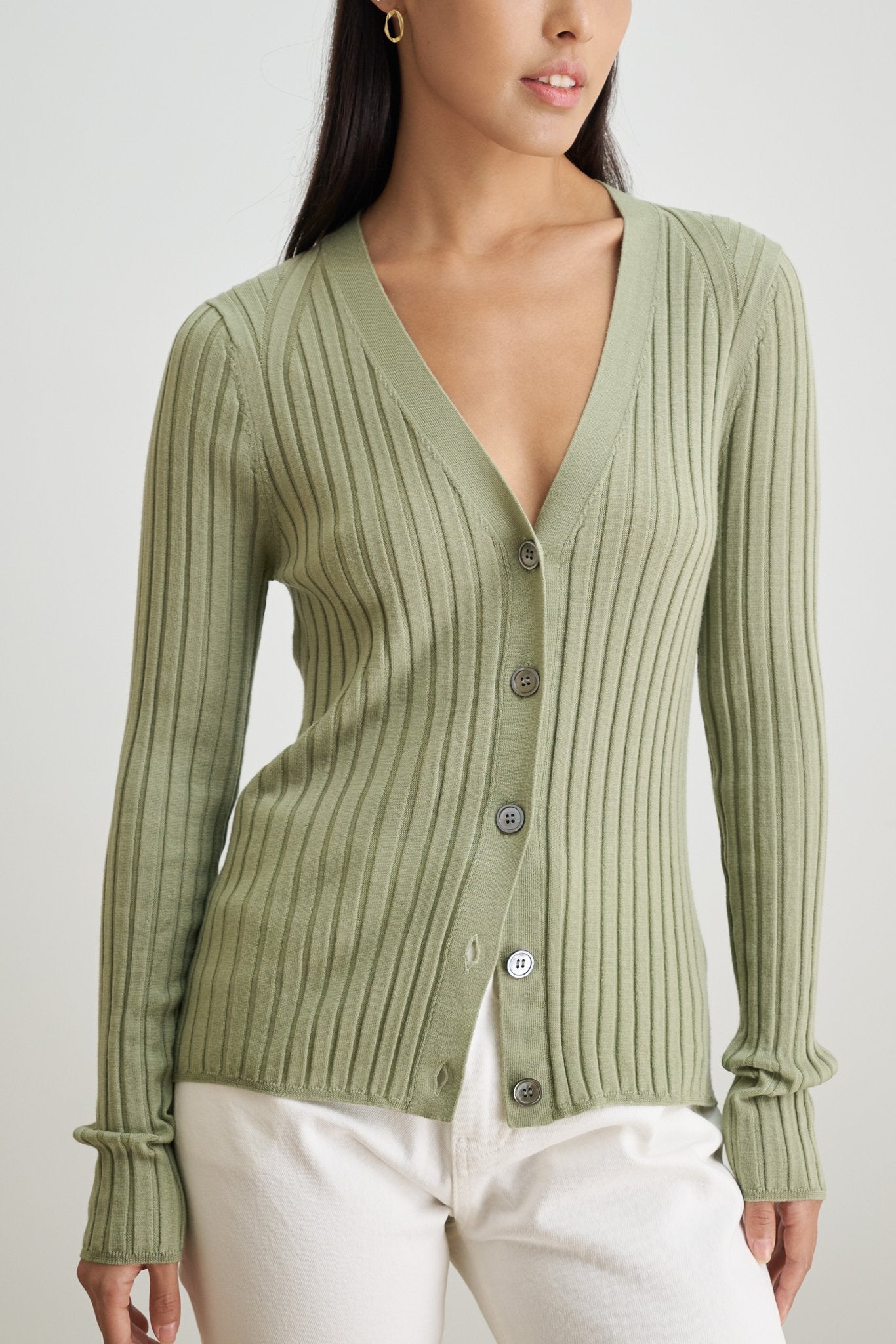 WENDY merino wool slim-fit cardigan (Green) - STELLAM
