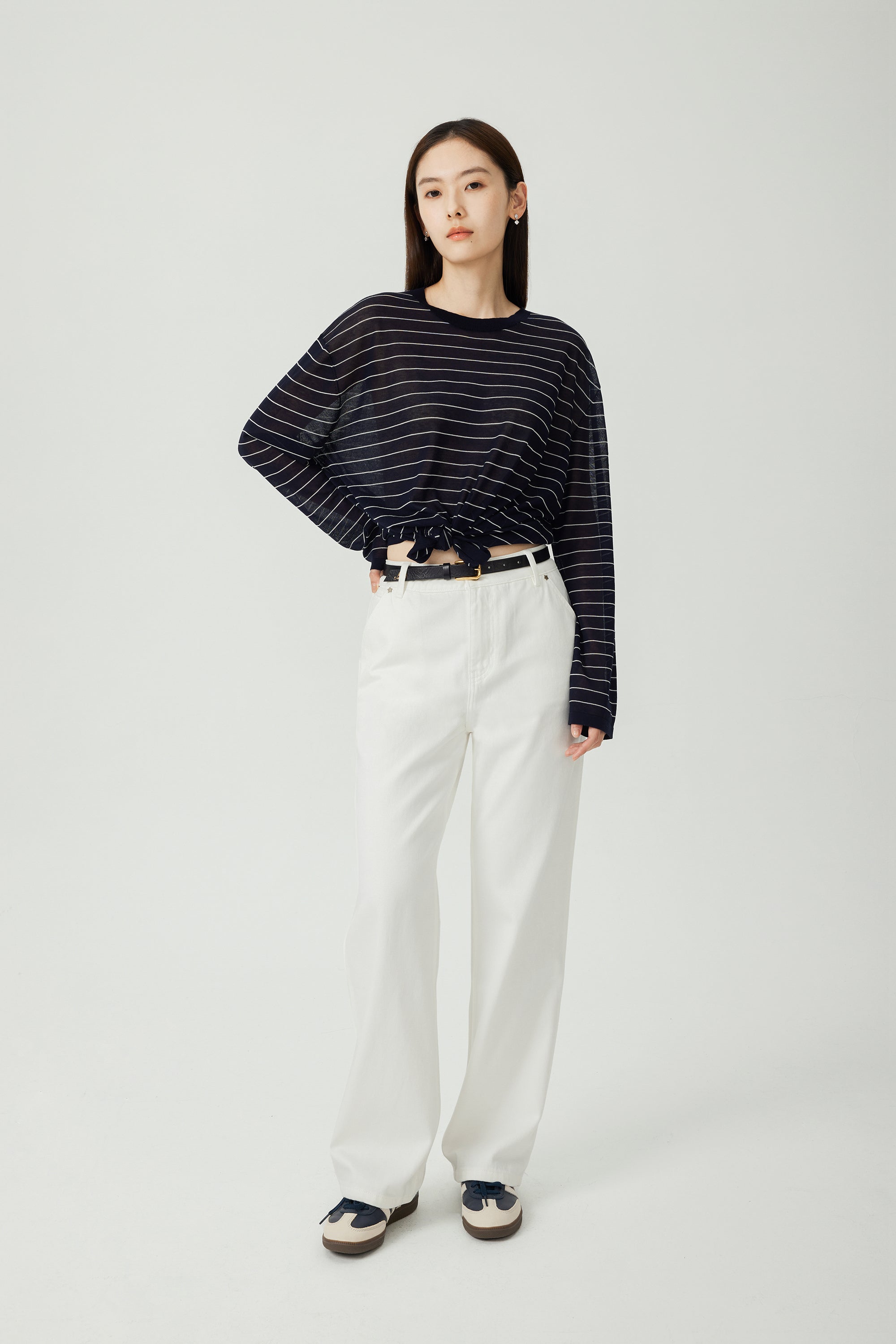 LUC acetate oversize longsleeves top (Navy stripe)