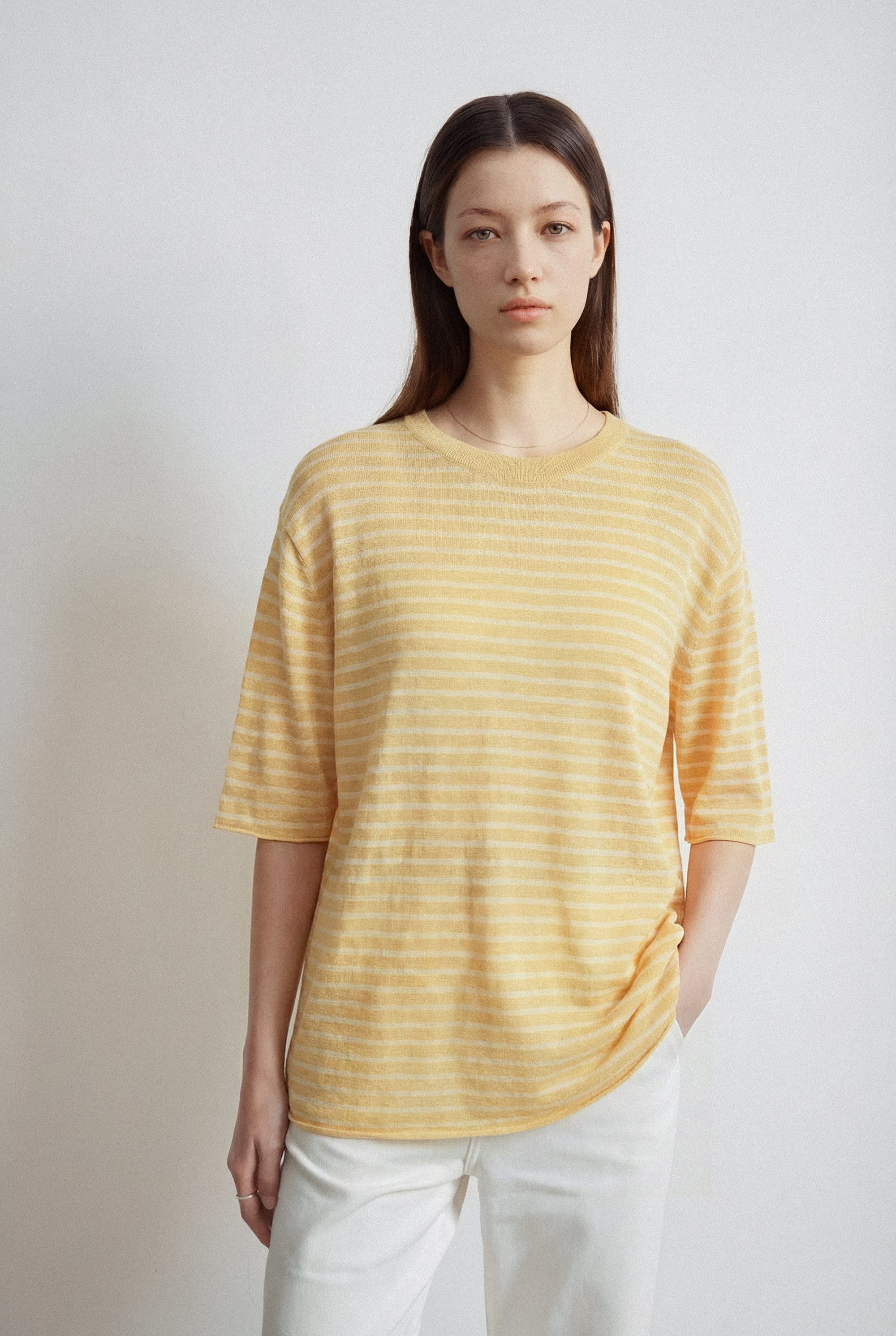 BET linen cotton oversize tee (Yellow stripe)