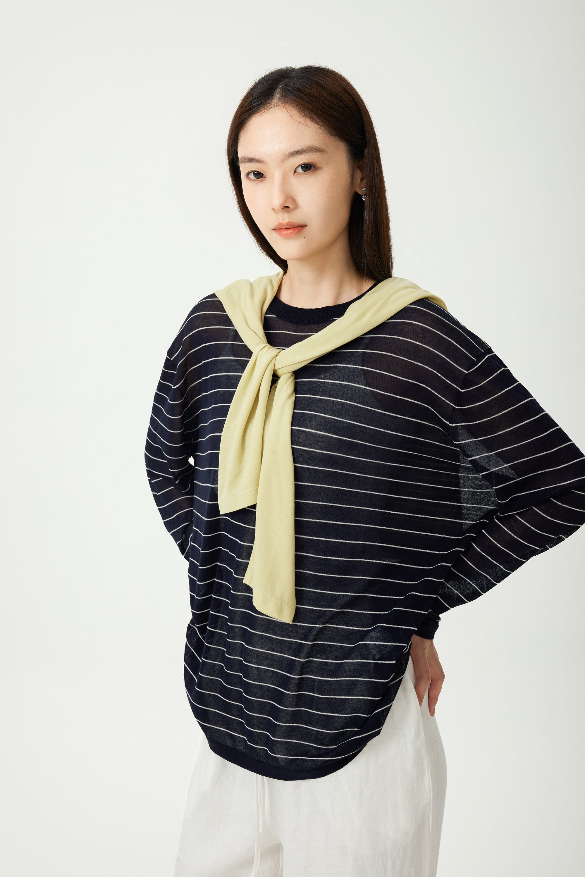 LUC acetate oversize longsleeves top (Navy stripe)