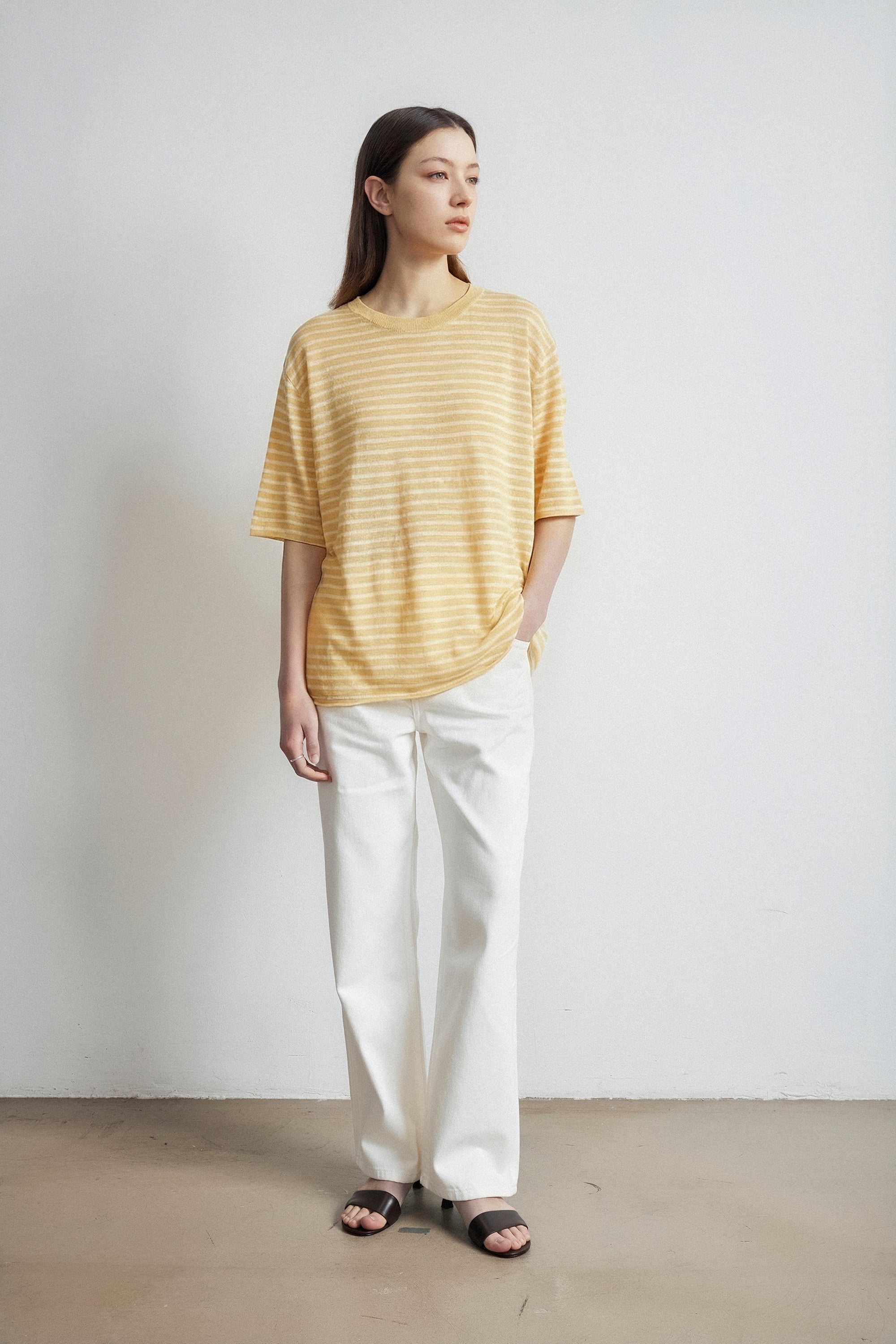 BET linen cotton oversize tee (Yellow stripe)