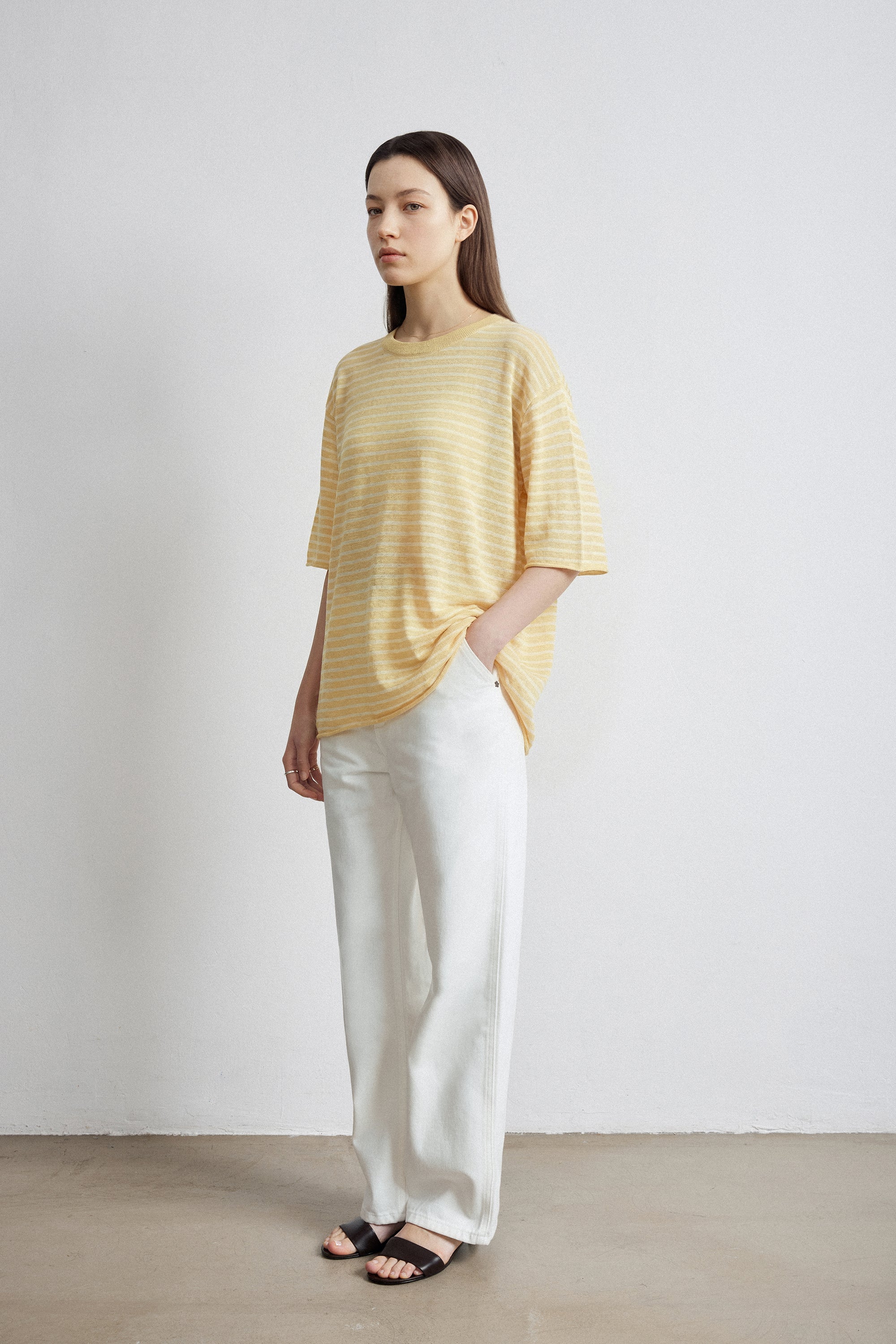 BET棉麻寬鬆上衣（黃色條紋）