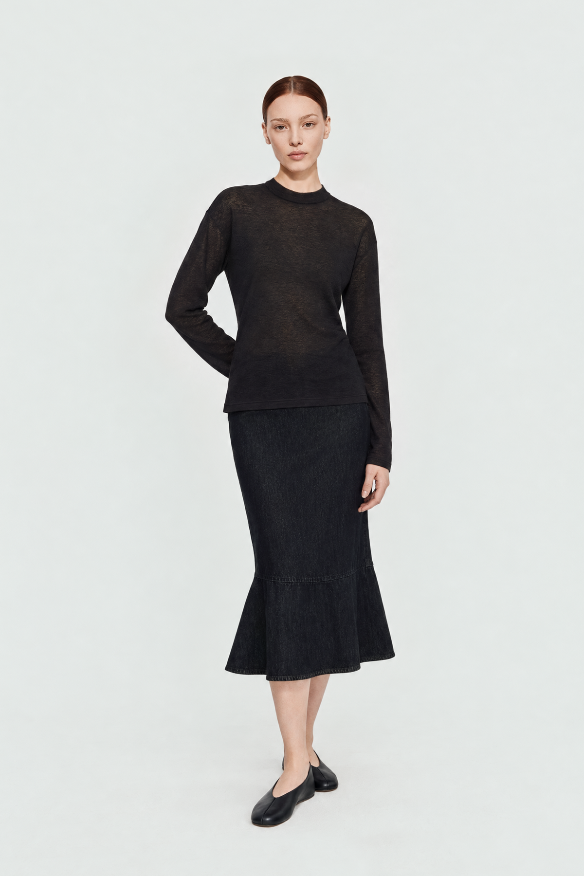 ALCOR pima cotton semi-turtle neck top (Black)