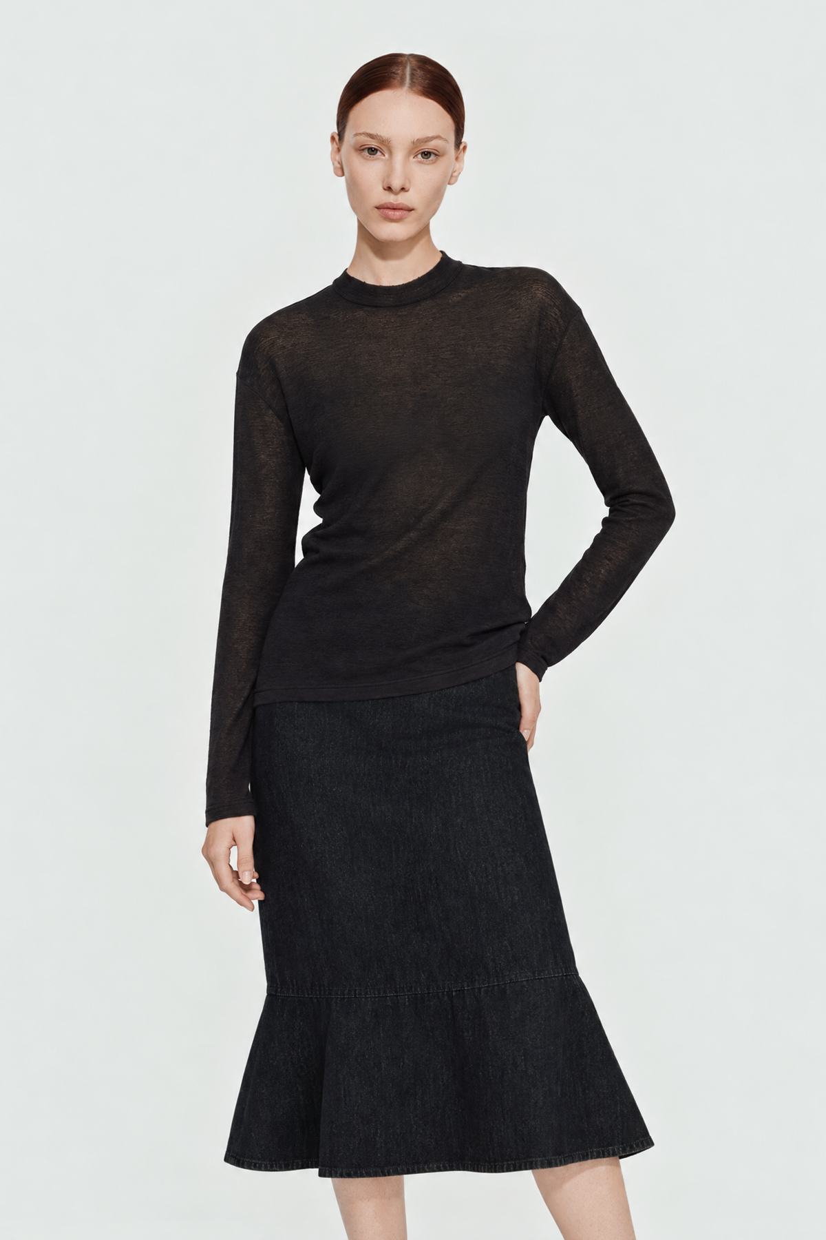 ALCOR pima cotton semi-turtle neck top (Black)