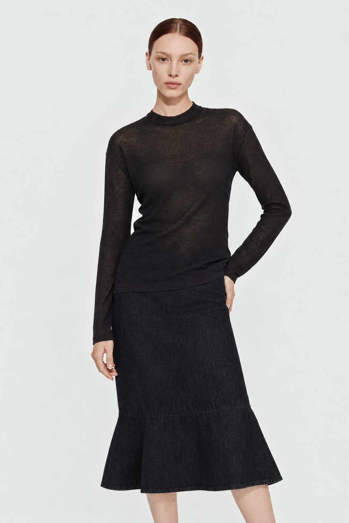 JOLLY pima cotton semi-turtle neck top (Black)