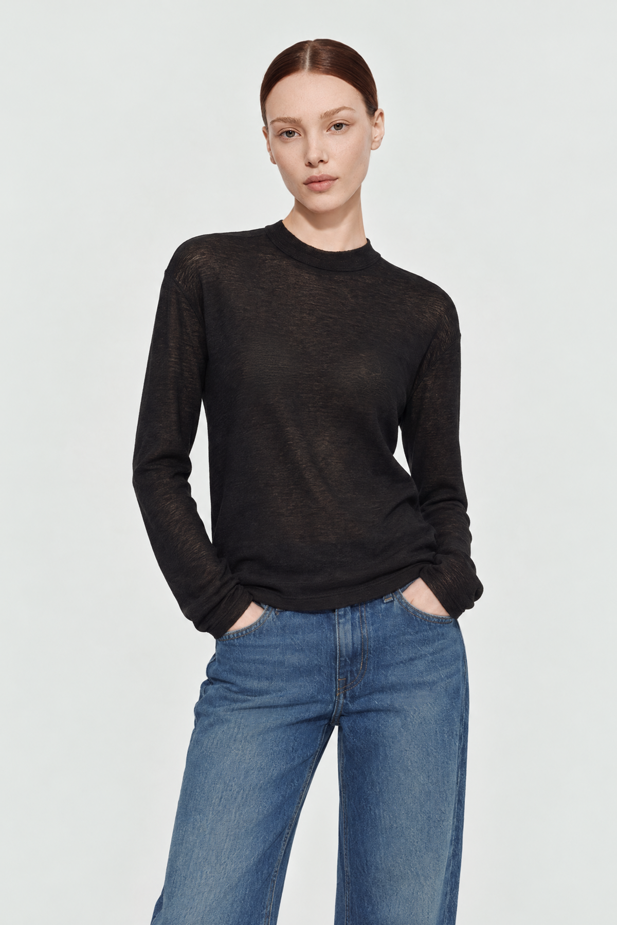 JOLLY pima cotton semi-turtle neck top (Black)