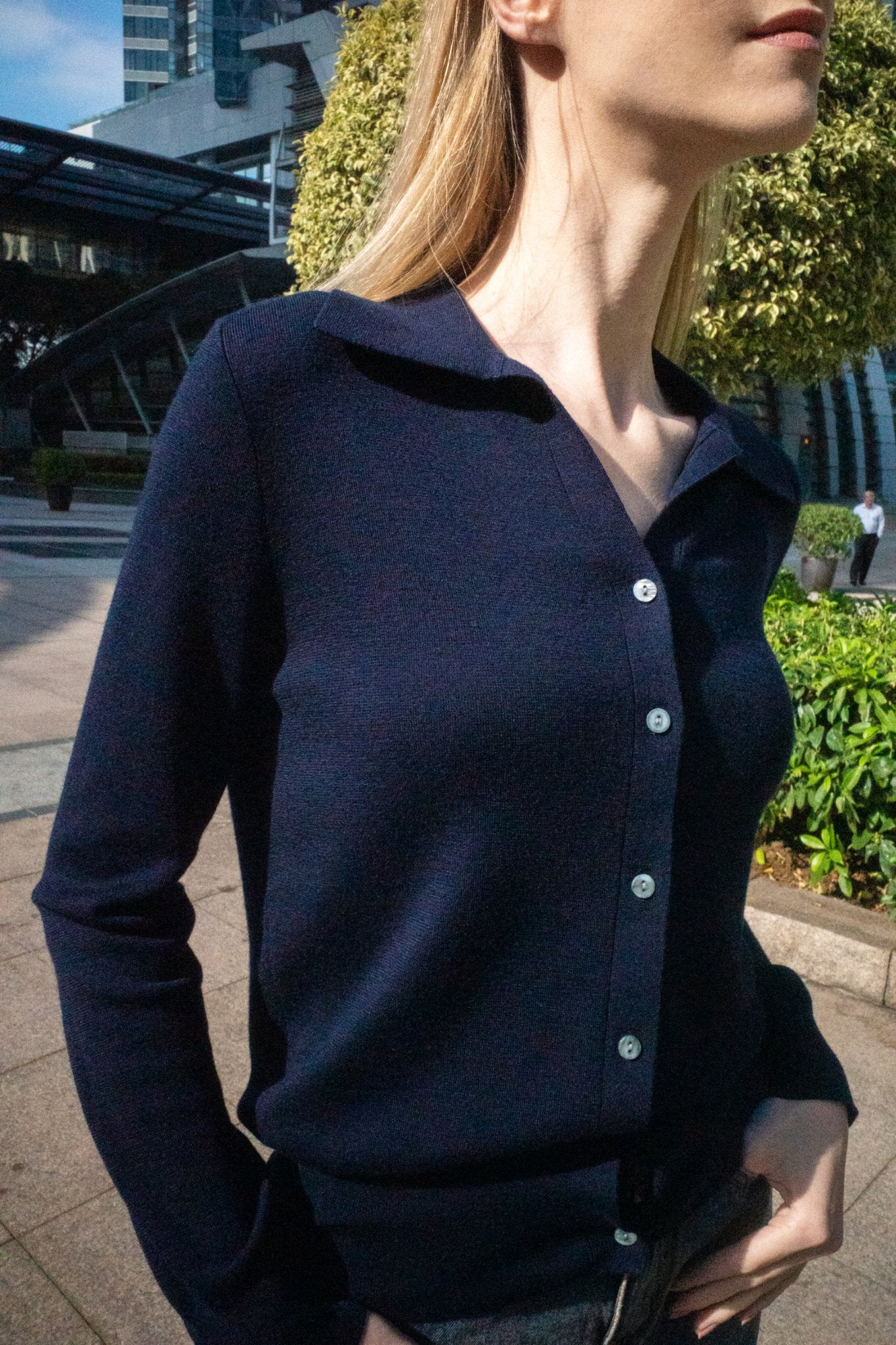 DELUXE silk-cashmere blended polo sweater (Navy) - STELLAM