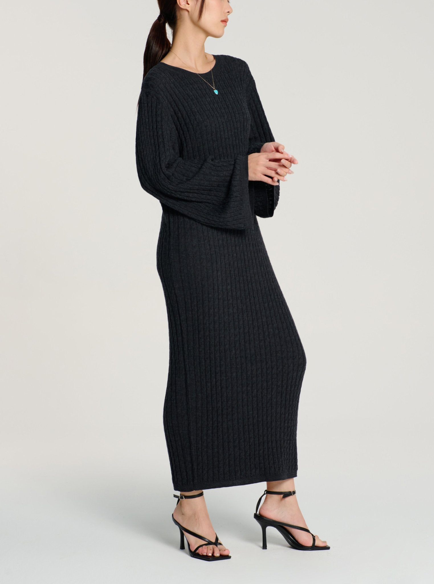 ELEGANCE wool cable knit dress (Grey) - STELLAM