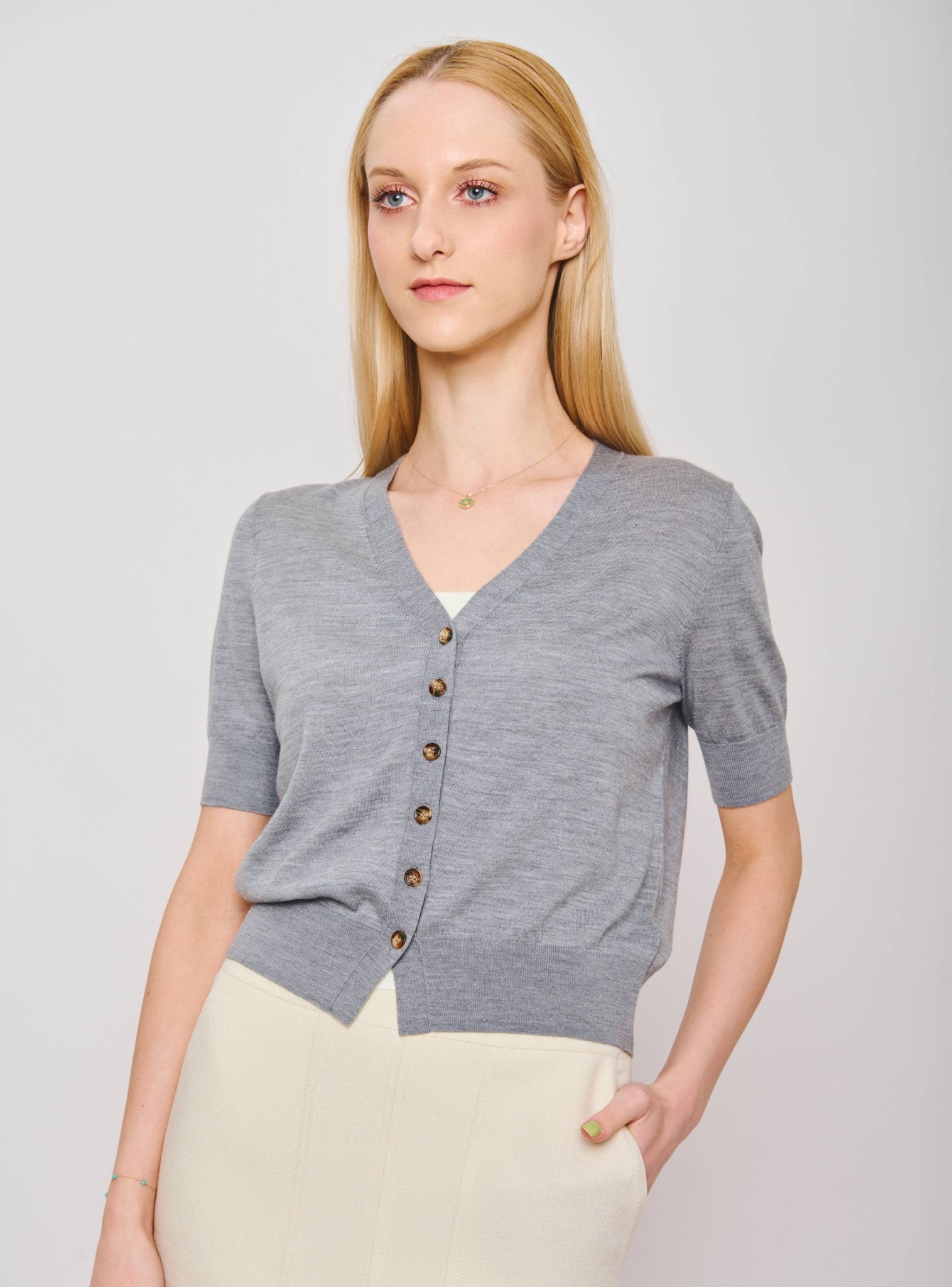 LEX superfine wool short sleeves cardigan (Grey) - STELLAM