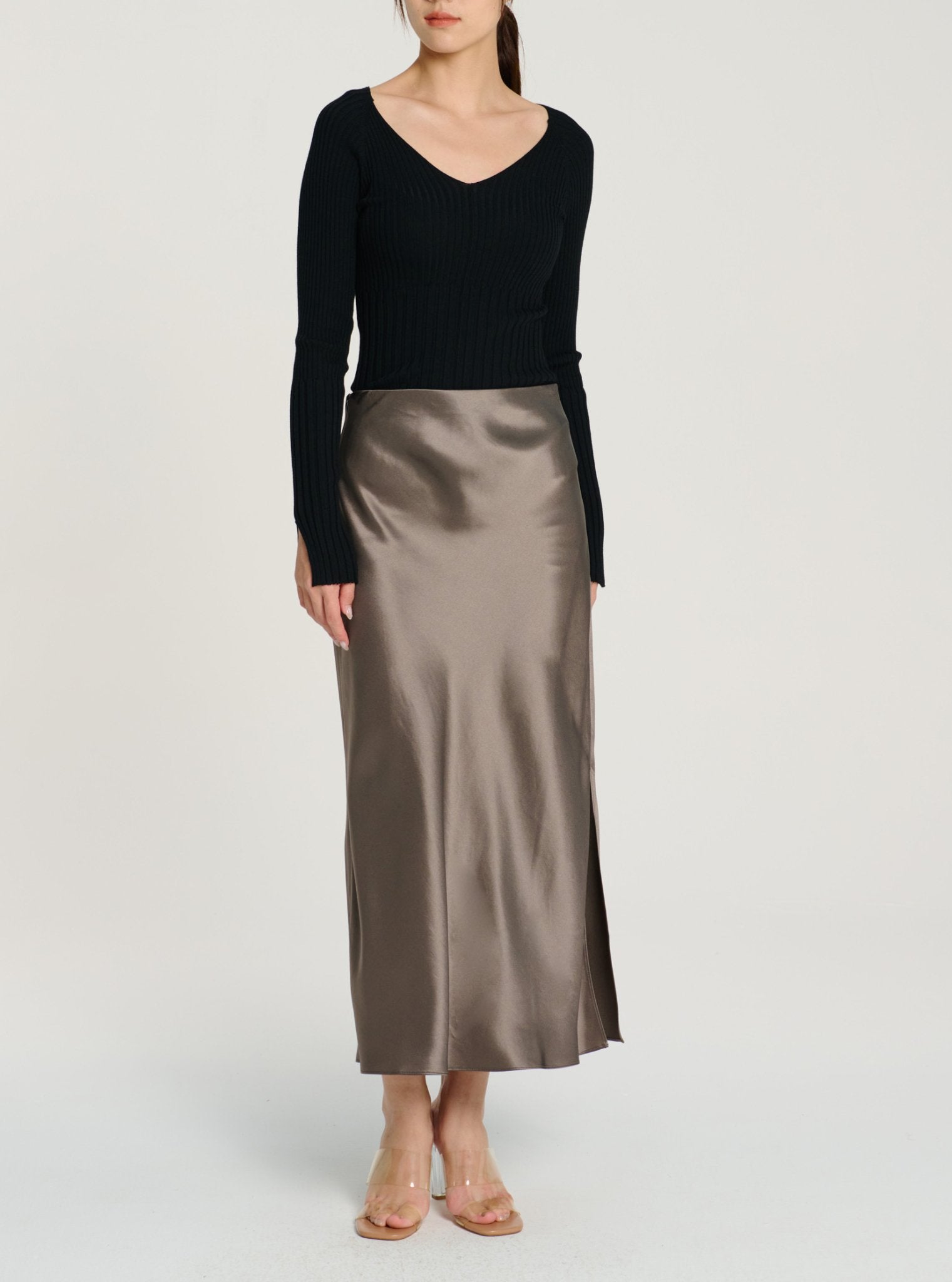 LONG GLITTER midi skirt (Ash green) - STELLAM