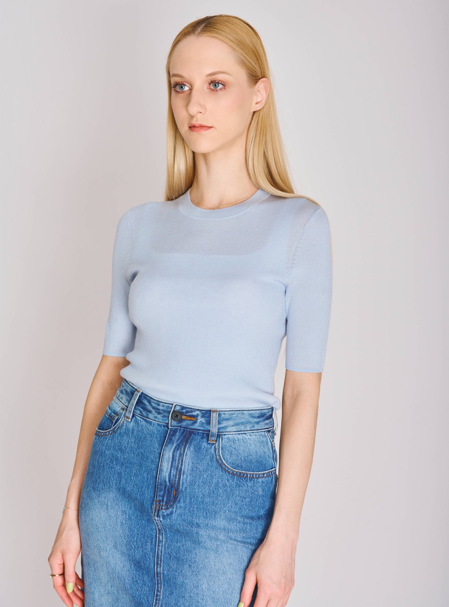 MONA silk-blended top (Light blue) - STELLAM