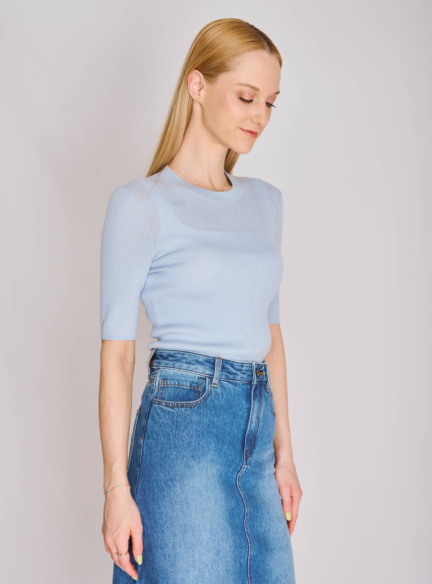 MONA silk-blended top (Light blue) - STELLAM