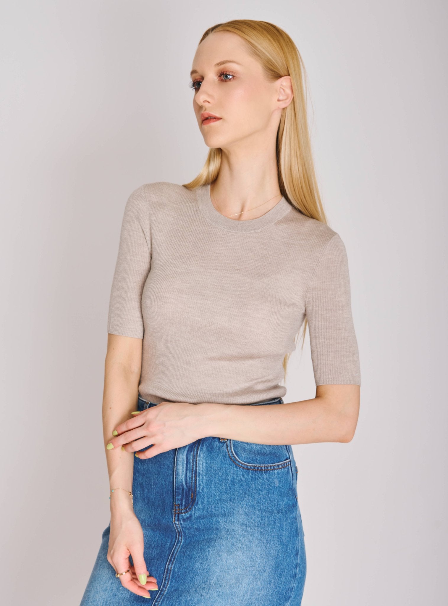 MONA silk-blended top (Oatmeal) - STELLAM